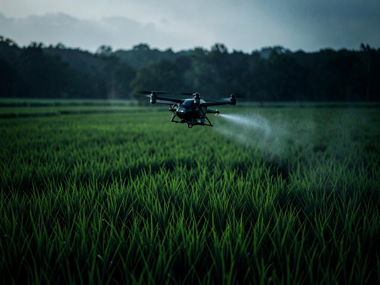Agricultural spraying drone flying low over a green paddy field
