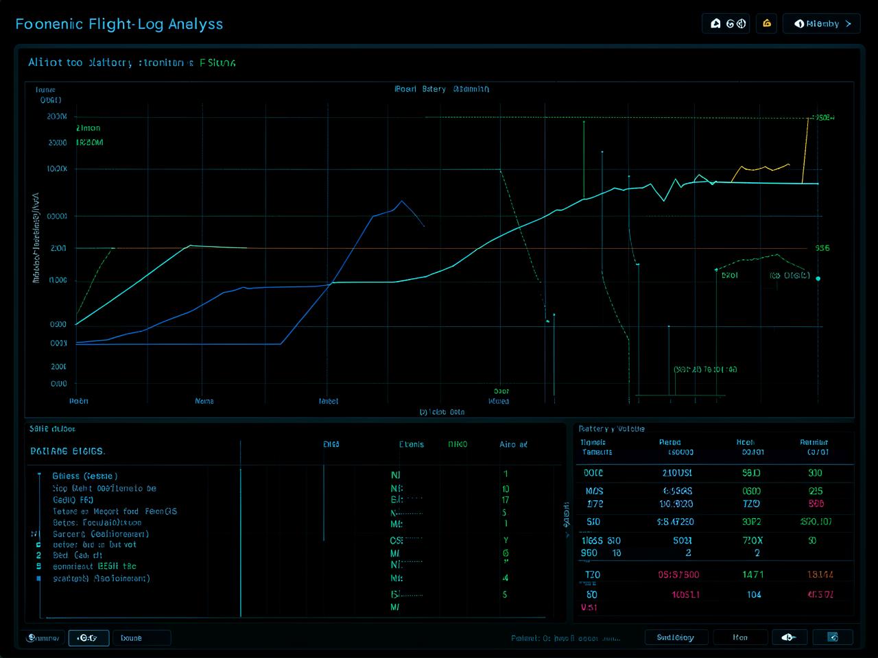 Drone flight-log analysis interface showing telemetry and GPS track data