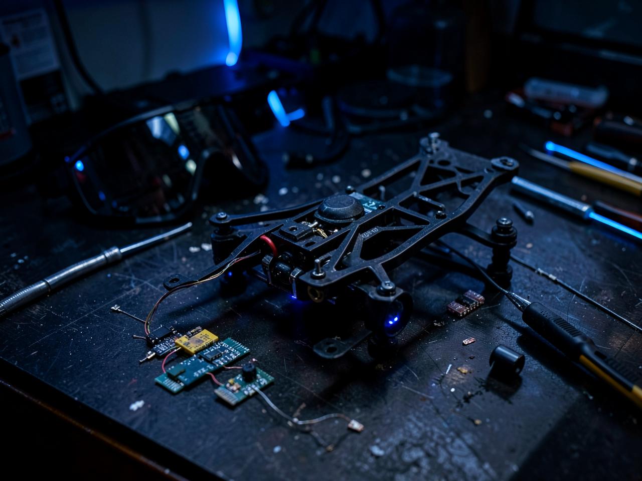 FPV drone frame with electronics and goggles on a workbench