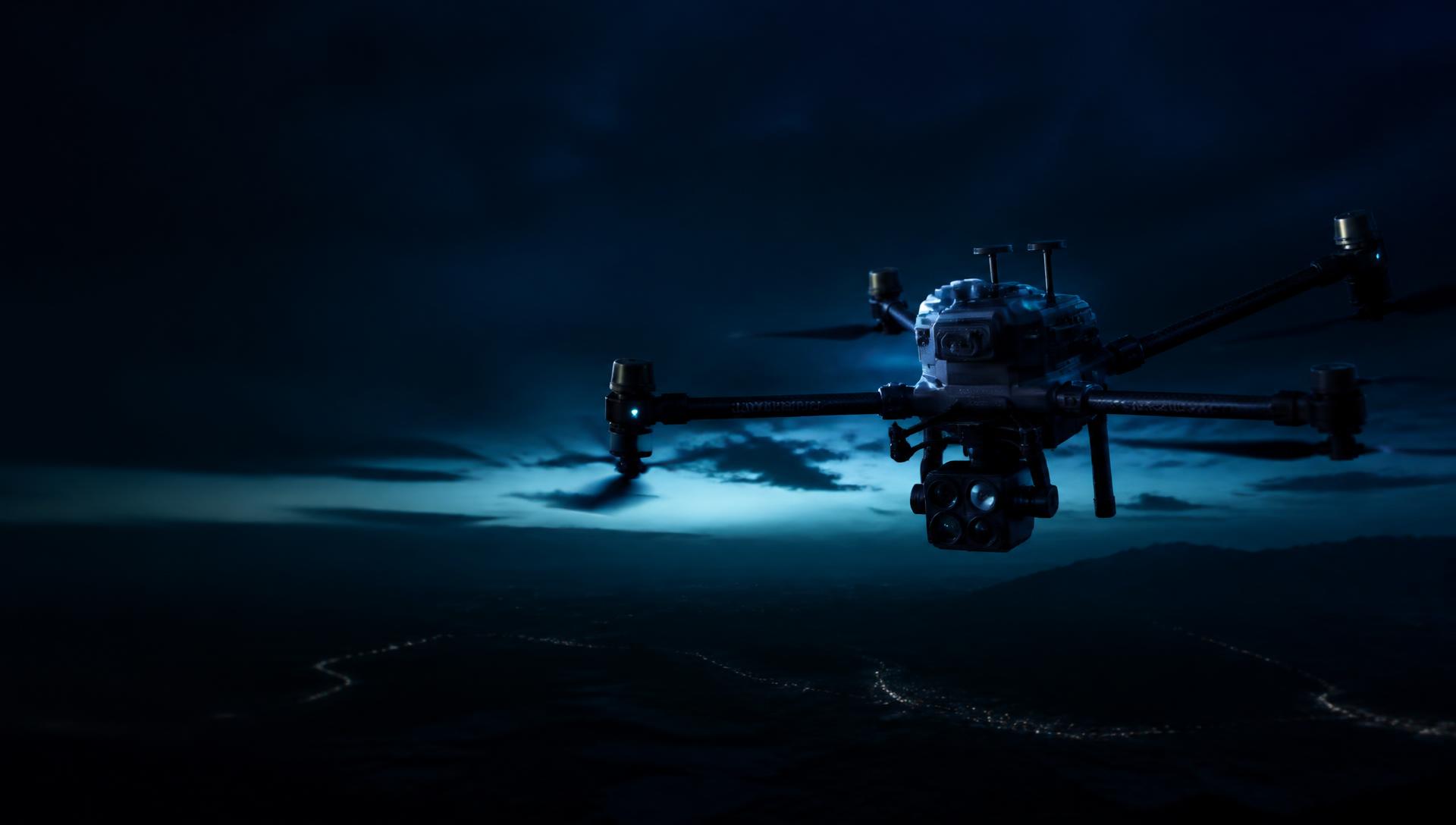 Professional survey drone in flight at dusk