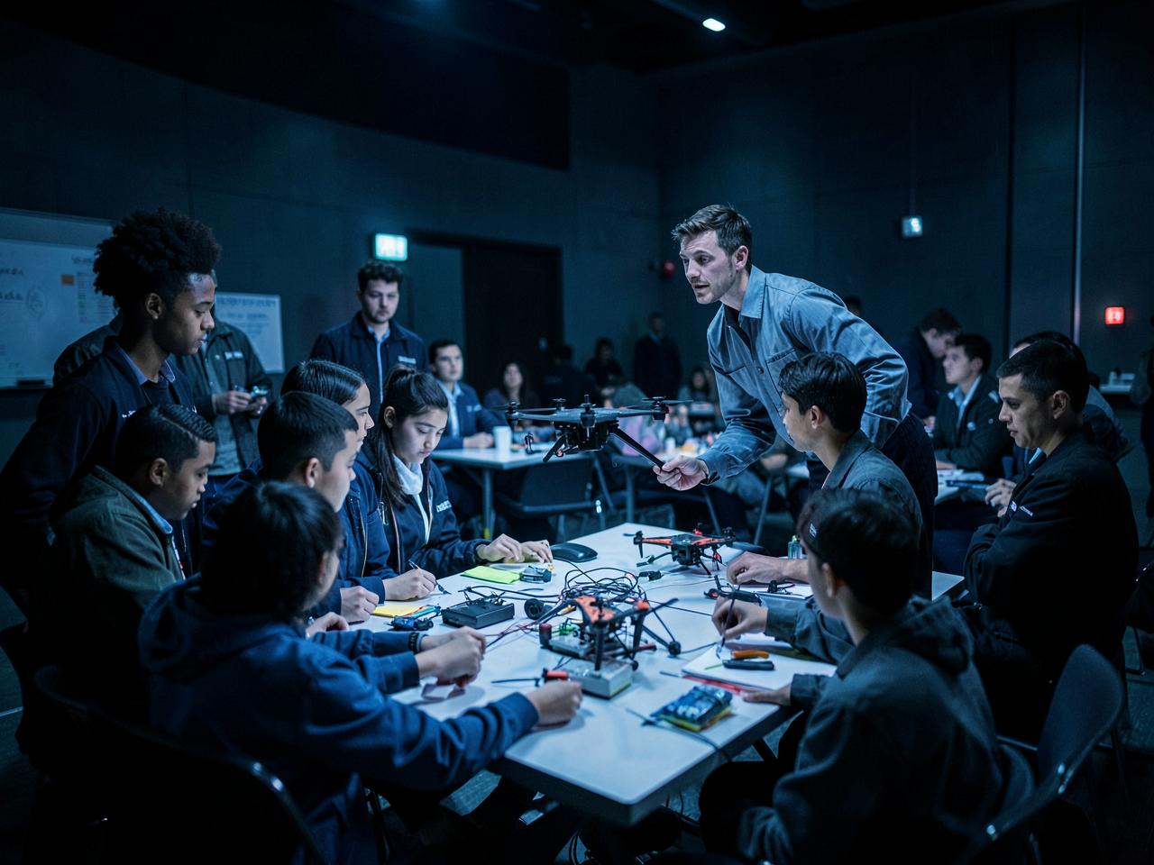 Instructor demonstrating drone assembly to students in a workshop